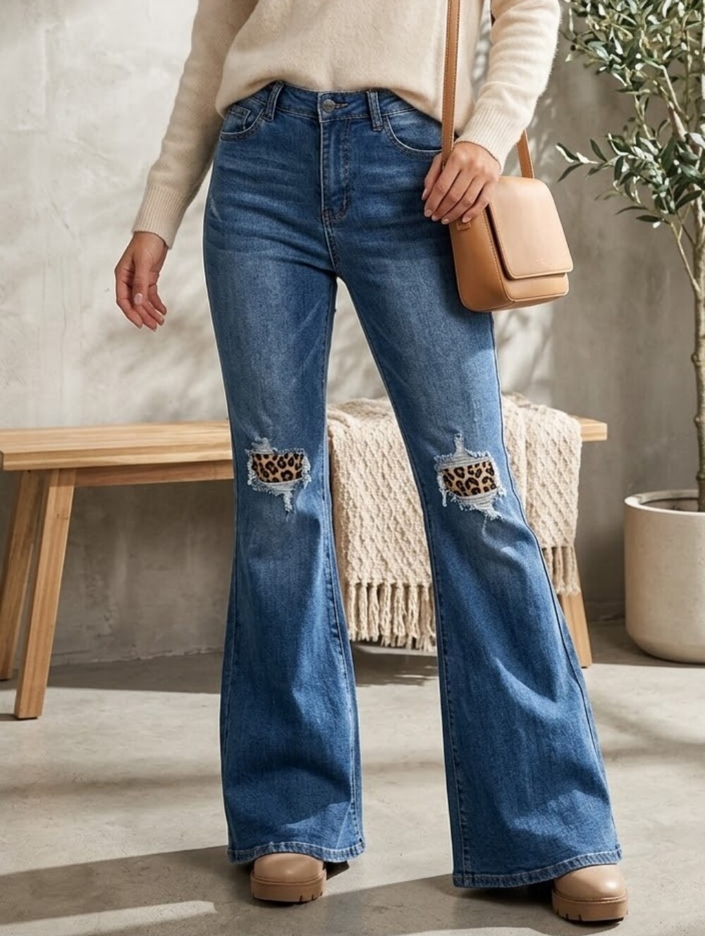 Lucky&Blessed Medium Blue Flared Distressed High Rise Jeans Animal Print